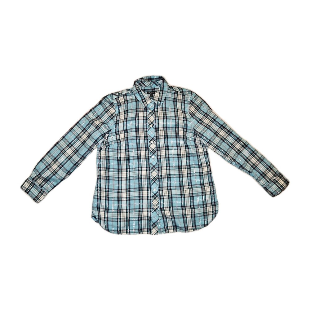 Talbots Women's Button-up L/S Aqua Pink Silver Navy Plaid Size MP