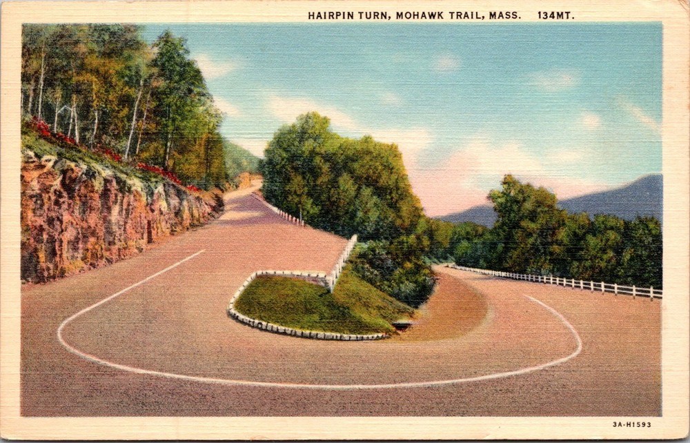 Hairpin Turn Mohawk Trail, Berkshires, Massachusetts  Linen Postcard