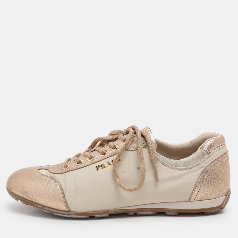 Prada Sport Beige Gold Leather Nylon Low Top Sneakers Size 36.5