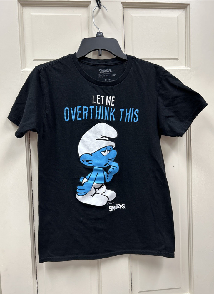 Peyo Smurf T-Shirt Adult Small Black Graphic Print Let Me Over Think This Tee