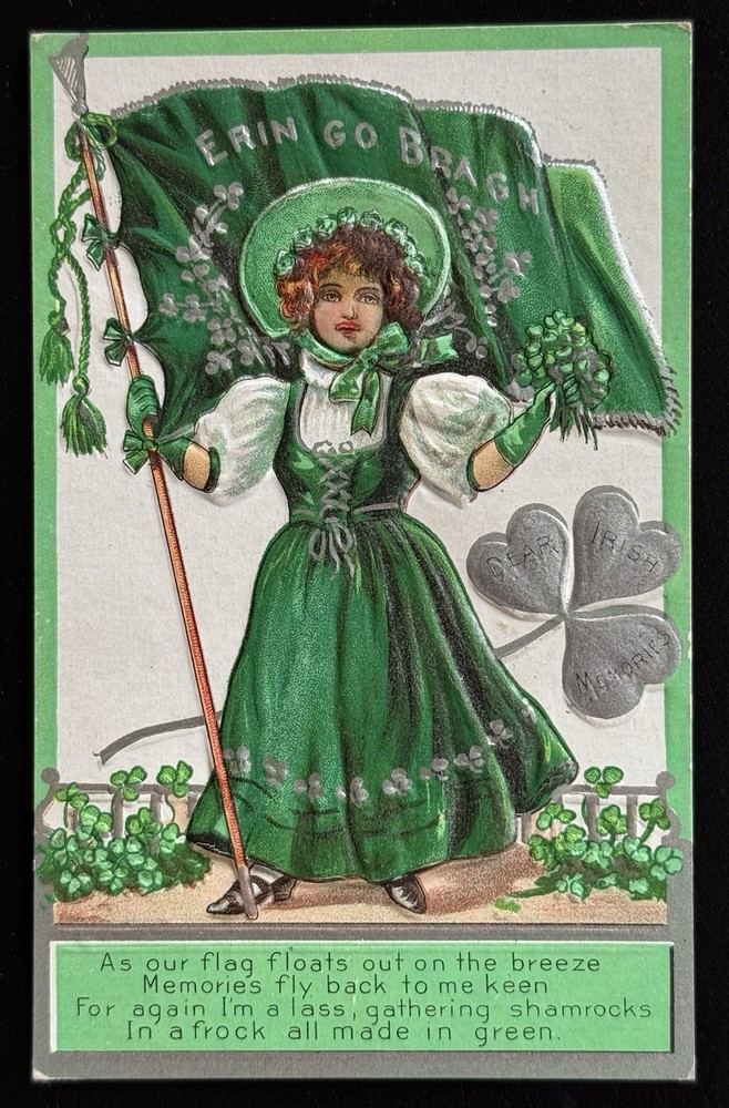 St. Patrick's Day Postcard Girl With Flag Shamrocks Embossed 1909