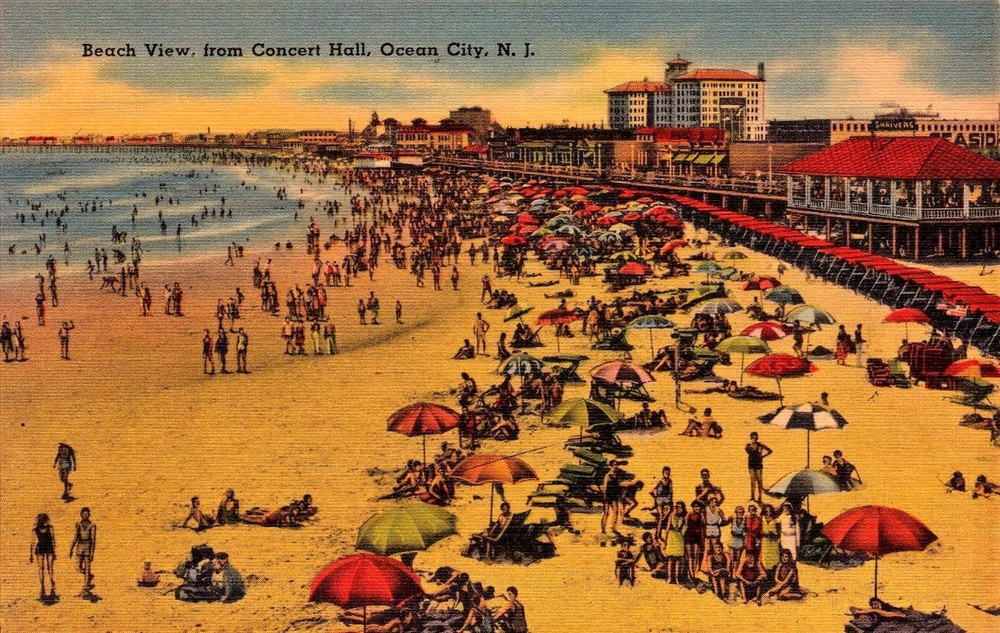 Linen Postcard - Beach View From Concert Hall, Ocean City, Nj Auc