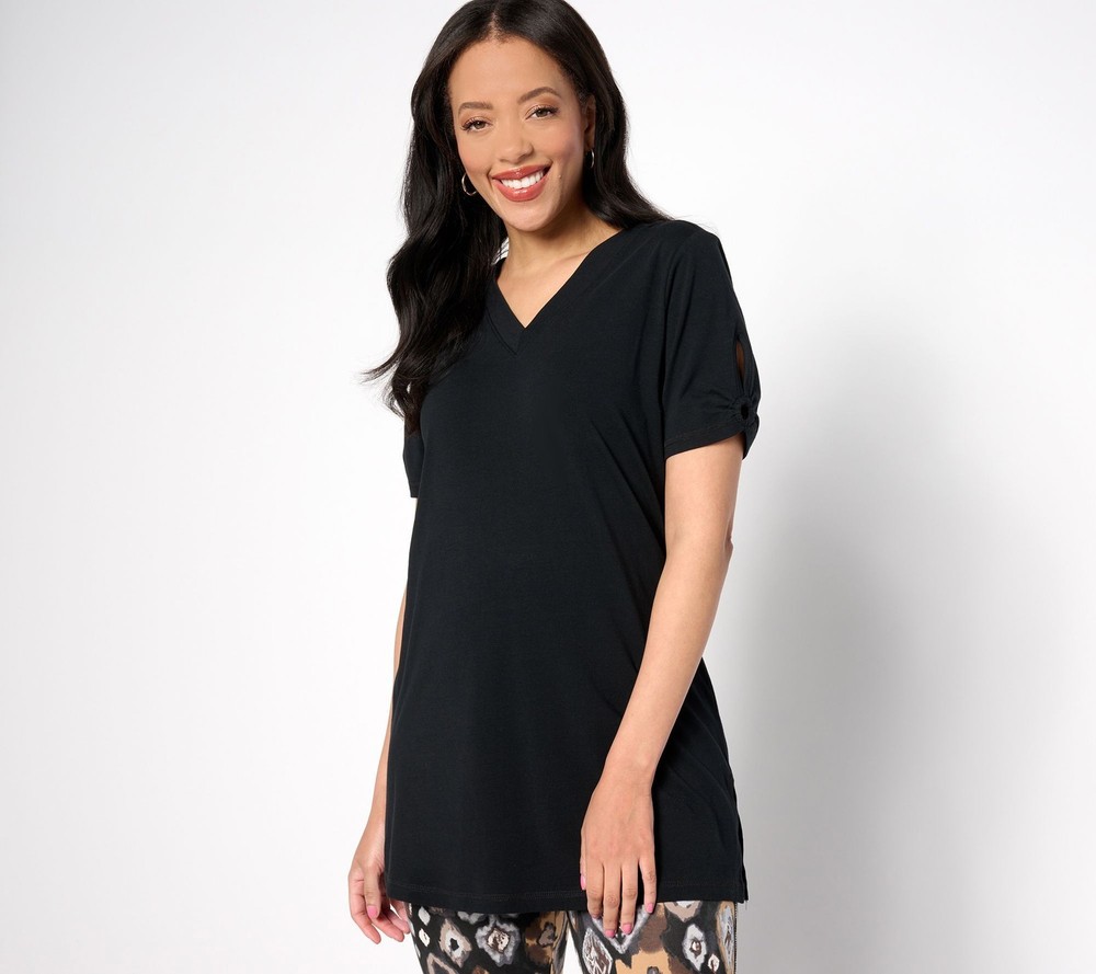 Denim & Co. Women's Top Sz L Active Jersey Short Sleeve Tunic Black A647728