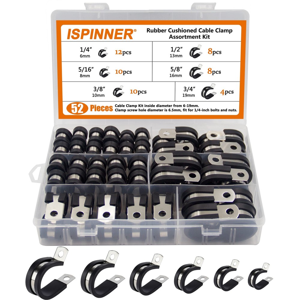 52pcs Cable Clamps Assortment Kit, 304 Stainless Steel Rubber Cushion Pipe Cl...