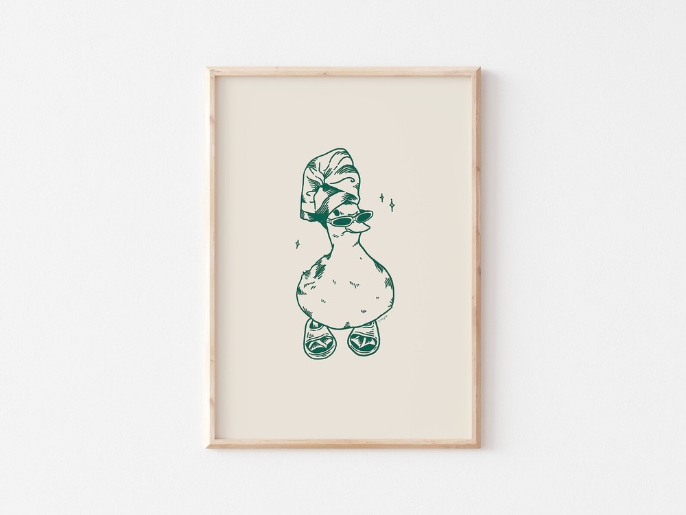 Cool Duck In Slippers Art Print Green Retro Print Vintage Art Bathroom Wall Art