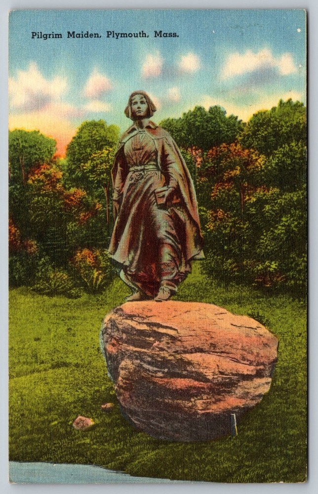 Vintage Pilgrim Maiden Statue Plymouth Massachusetts Linen Postcard