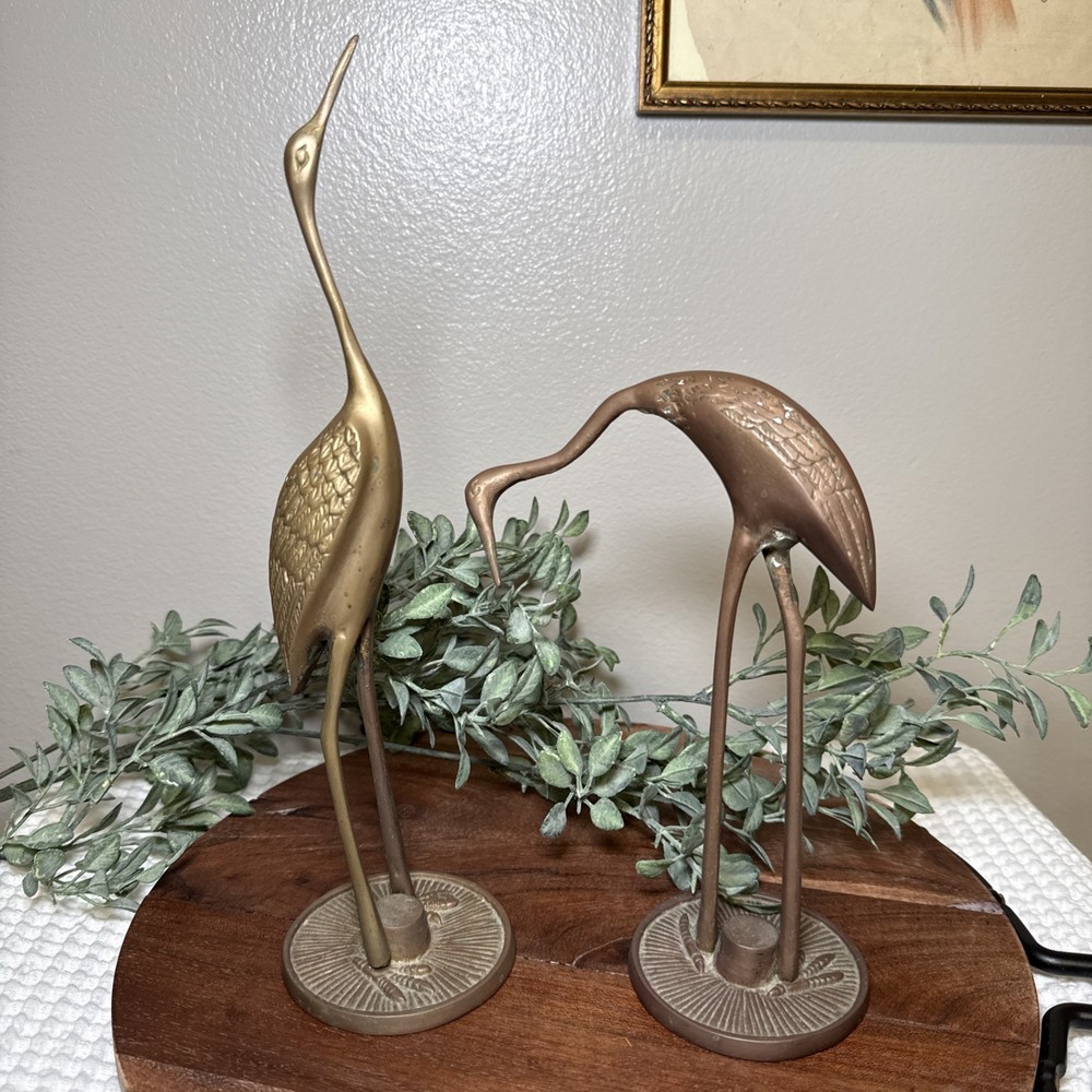 Vintage Brass Crane Heron Bird Figurines Pair Hollywood Regency MCM Decor Statue