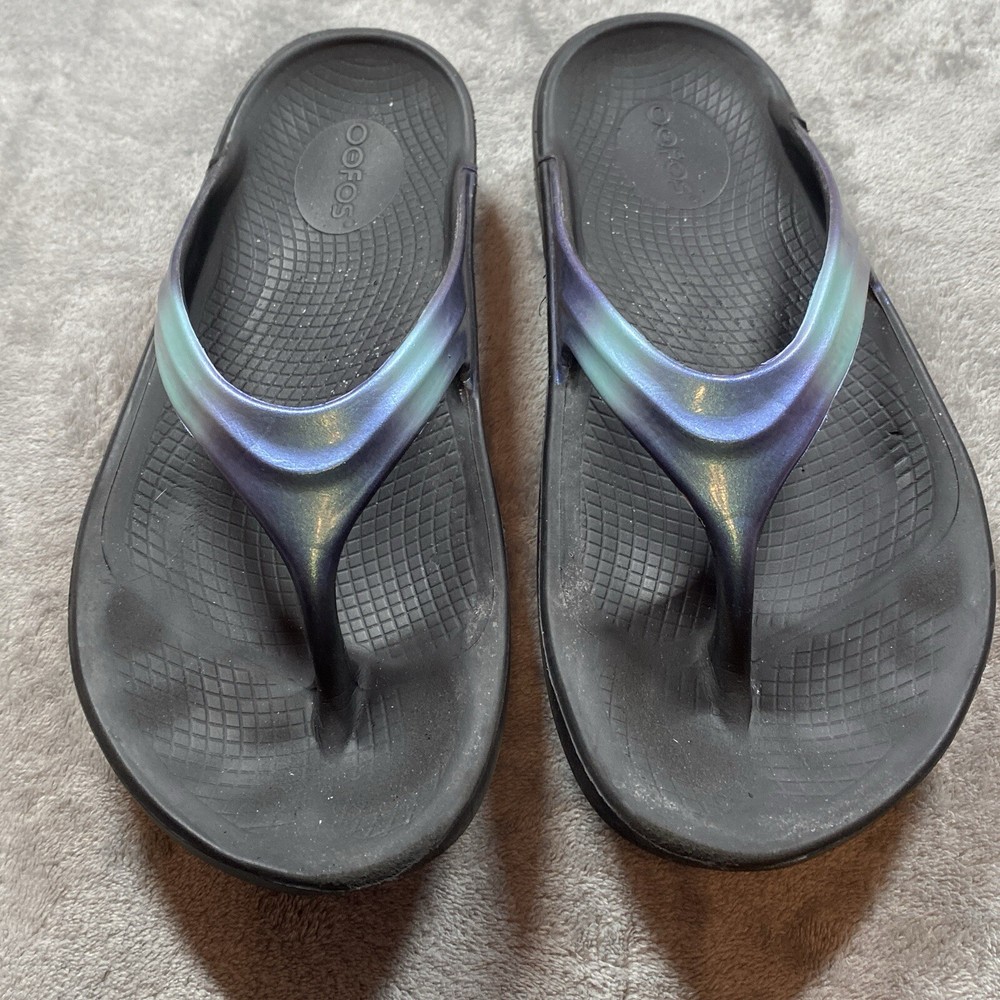 Oofos Oolala Luxe Recovery Flip Flops Thong Sandals Black & Blue Women's SZ 10