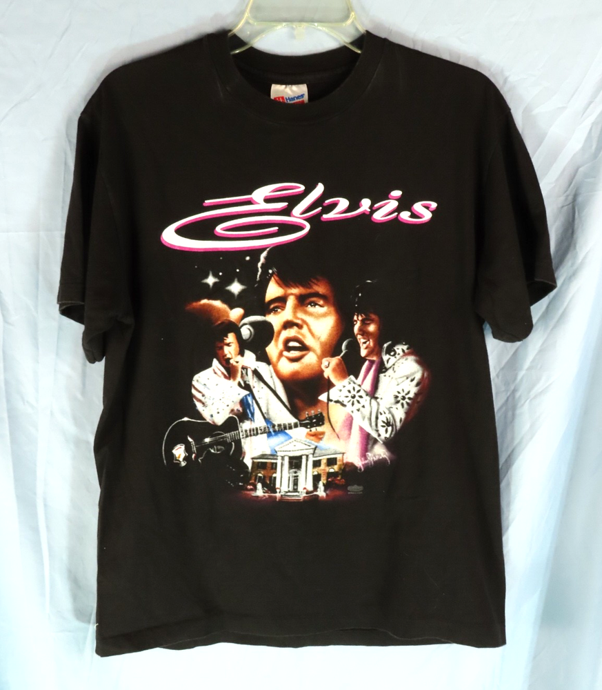VTG 1994 Black Elvis Presley T-Shirt GRACELAND Single Stitch FADE MARKS sz L