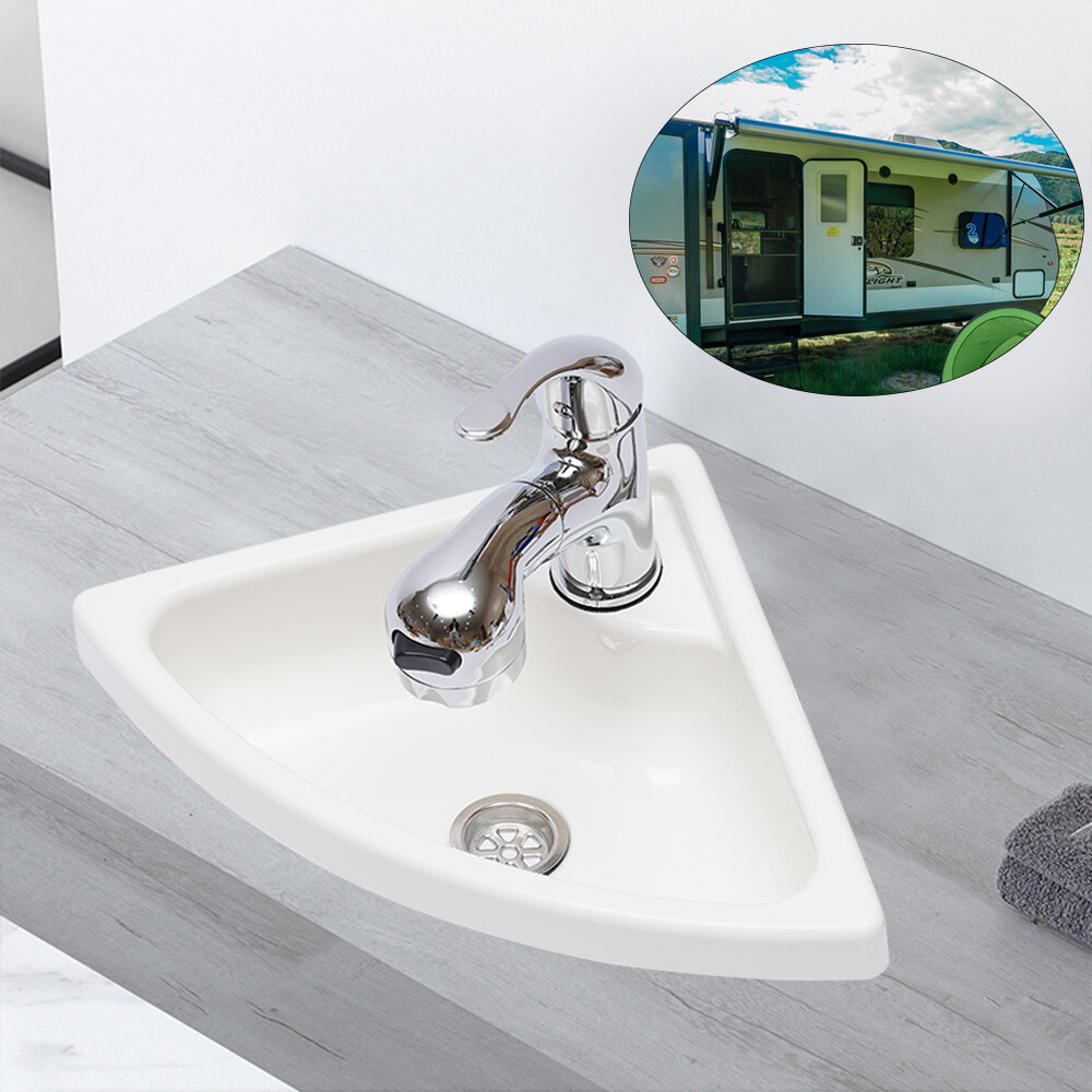 Boat Caravan Rv Camper Corner Vanity Sink White with Faucet Drain and Hose Kit