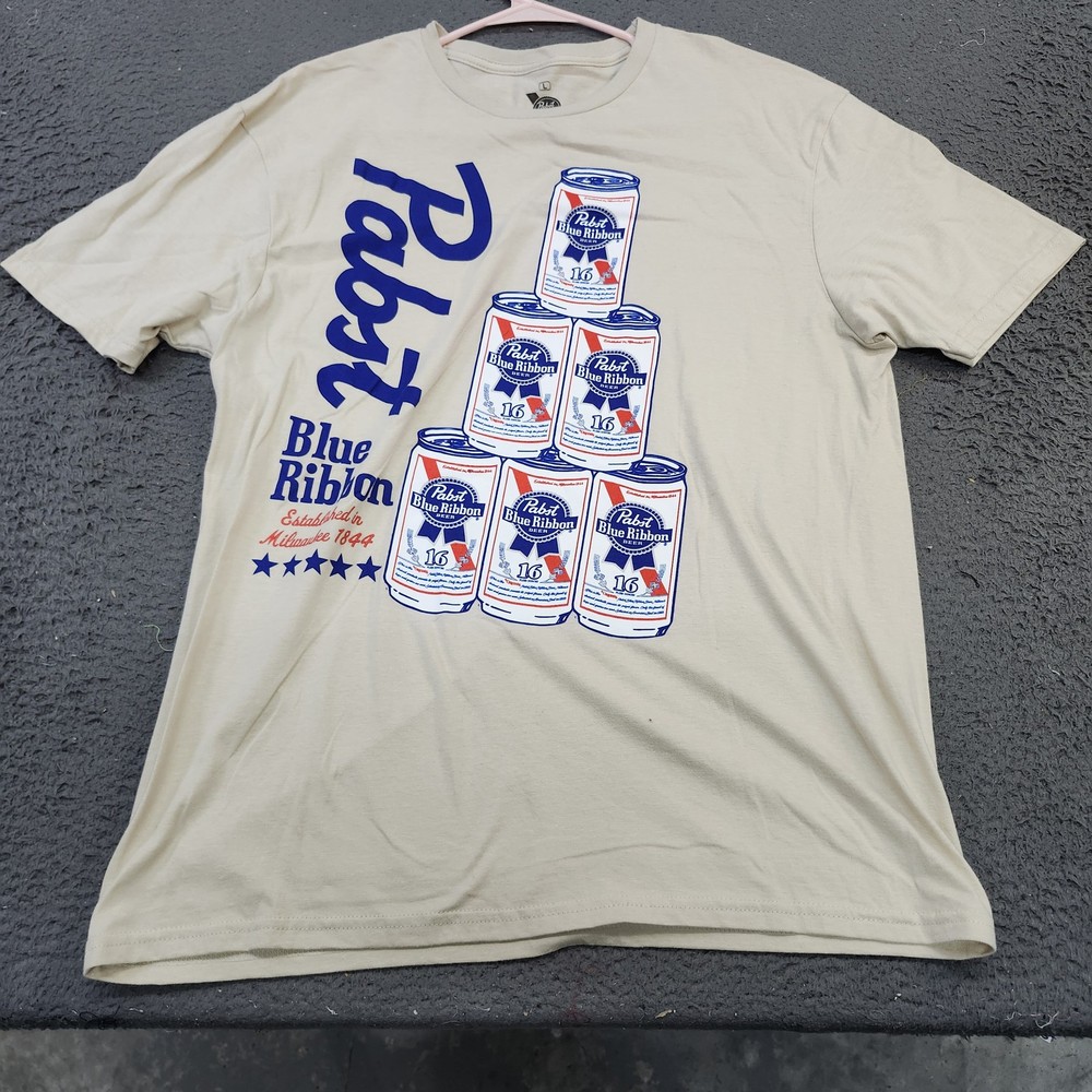 Pabst Blue Ribbon Shirt Mens Large Beige Beer Can Graphic Tee PBR Tagless