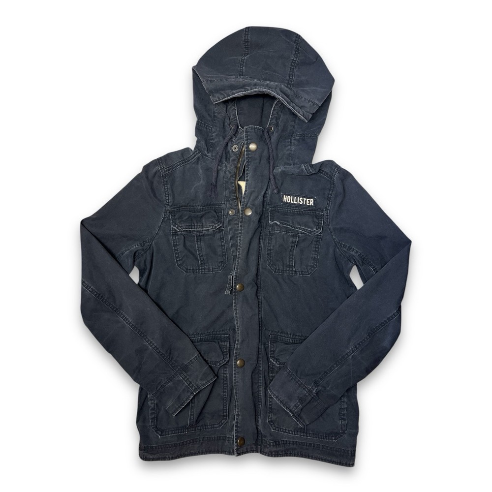 Y2K Hollister Women's Navy Hooded Utility Button Front Military Jacket