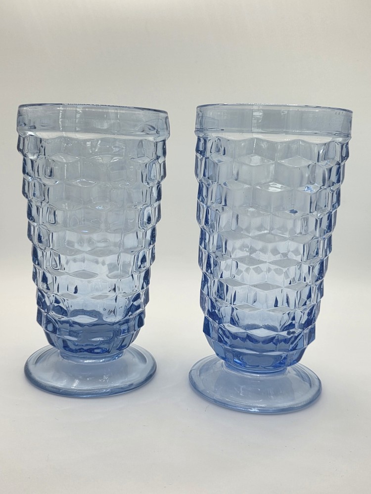 Indiana Glass Blue Whitehall Cubist Footed Glasses Tumblers, Set Of 2, Vintage