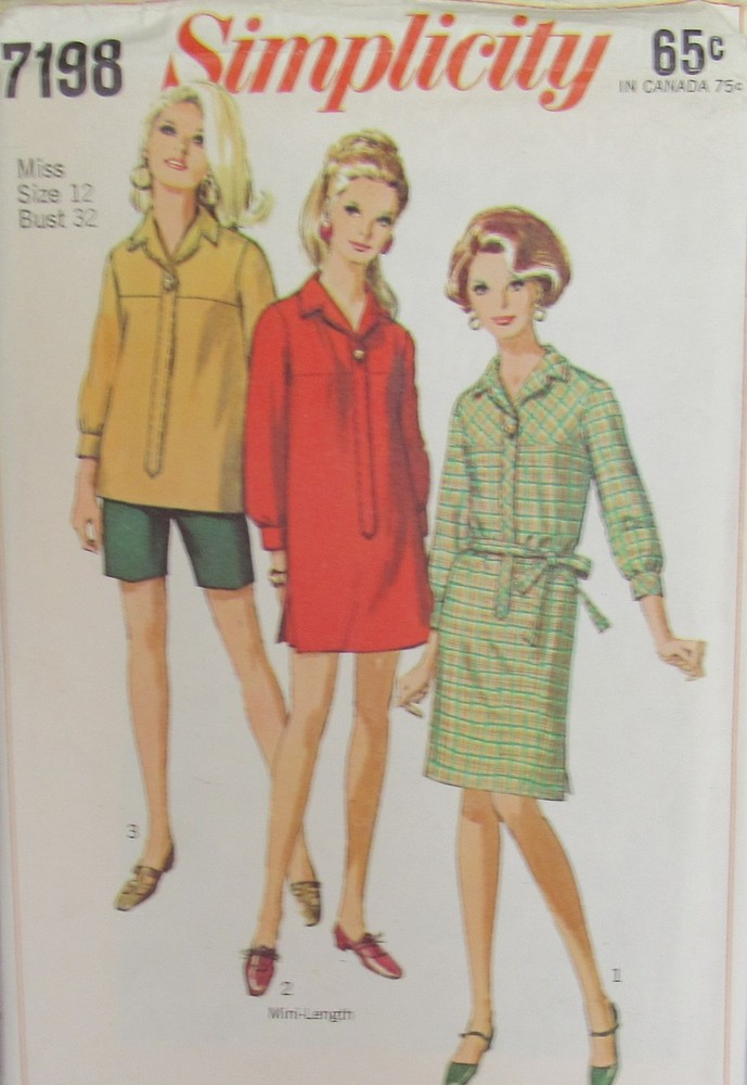 VTG 60s Simplicity 7198 Womens 12 Retro Pullover Mini DRESS TUNIC TOP Pattern UC