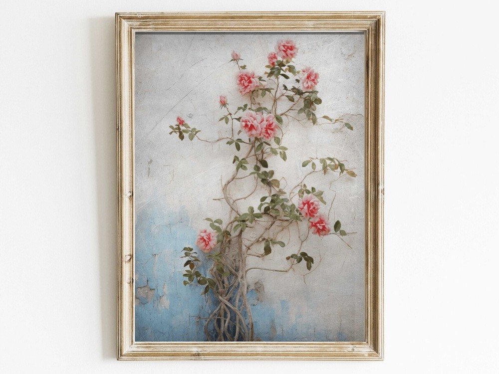 Rose Wall Art Rustic Floral Wall Decor Botanical Wall Art Rose Bush Against A
