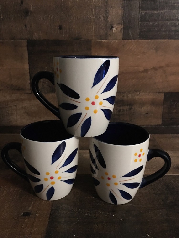 TEMPTATIONS Old Vivid Blue Hand Painted Mugs Presentable Ovenware Set Of 3