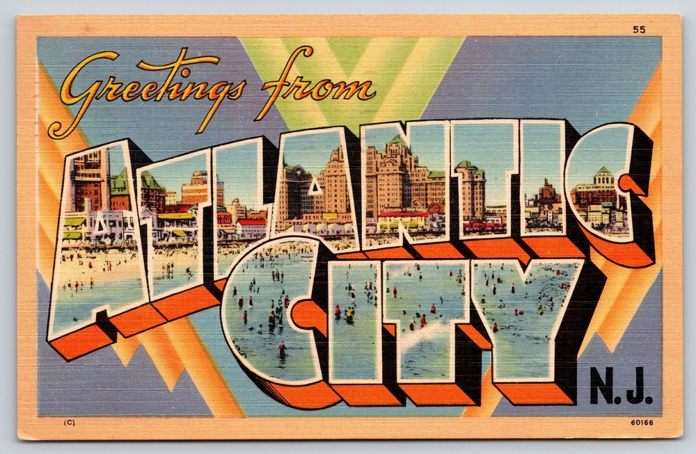 Greetings From Atlantic City NJ~Boardwalk~Hotel~Large Letter Linen 1948 Postcard