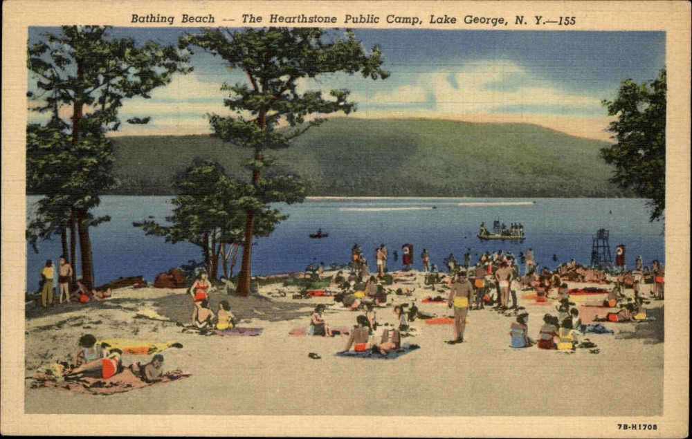 Hearthstone Public Camp Beach Lake George New York ~ 1940s linen postcard