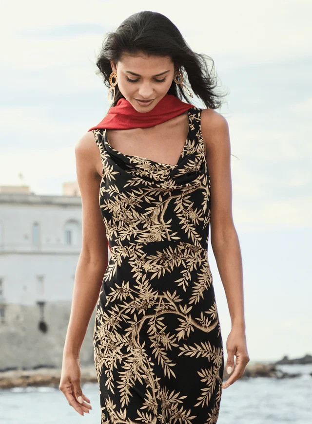Peruvian Connection Silk Maxi Dress  Solene Cowl Drapeneck Black Cream Brown 10