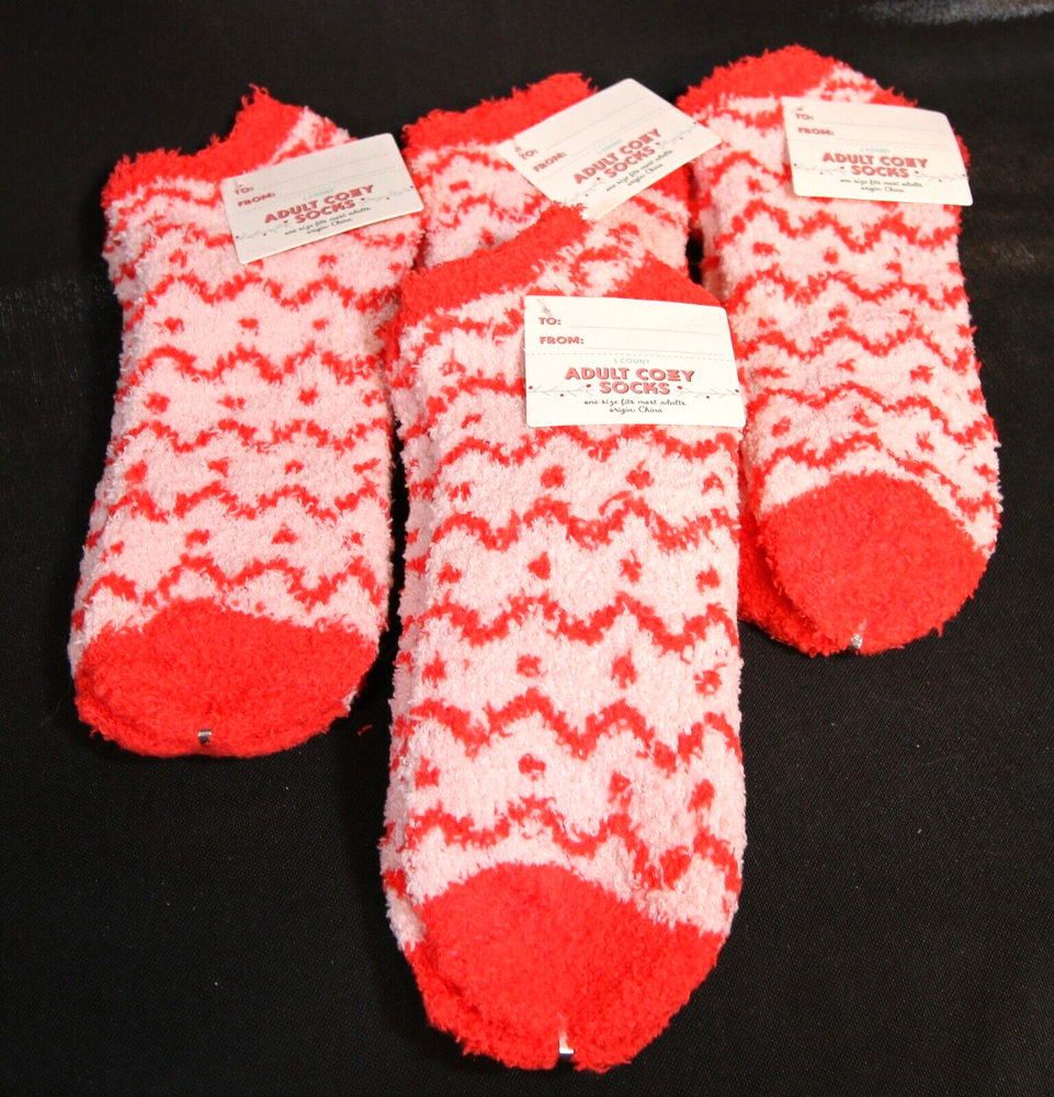 Lot 4 Adult Cozy Socks Fuzzy Orange Red Squiggle One Size Fits Most