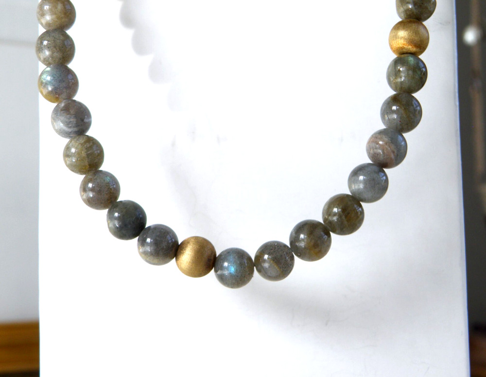 Vintage Sterling Silver 925 Gold on Natural Labradorite Bead Necklace 17.5