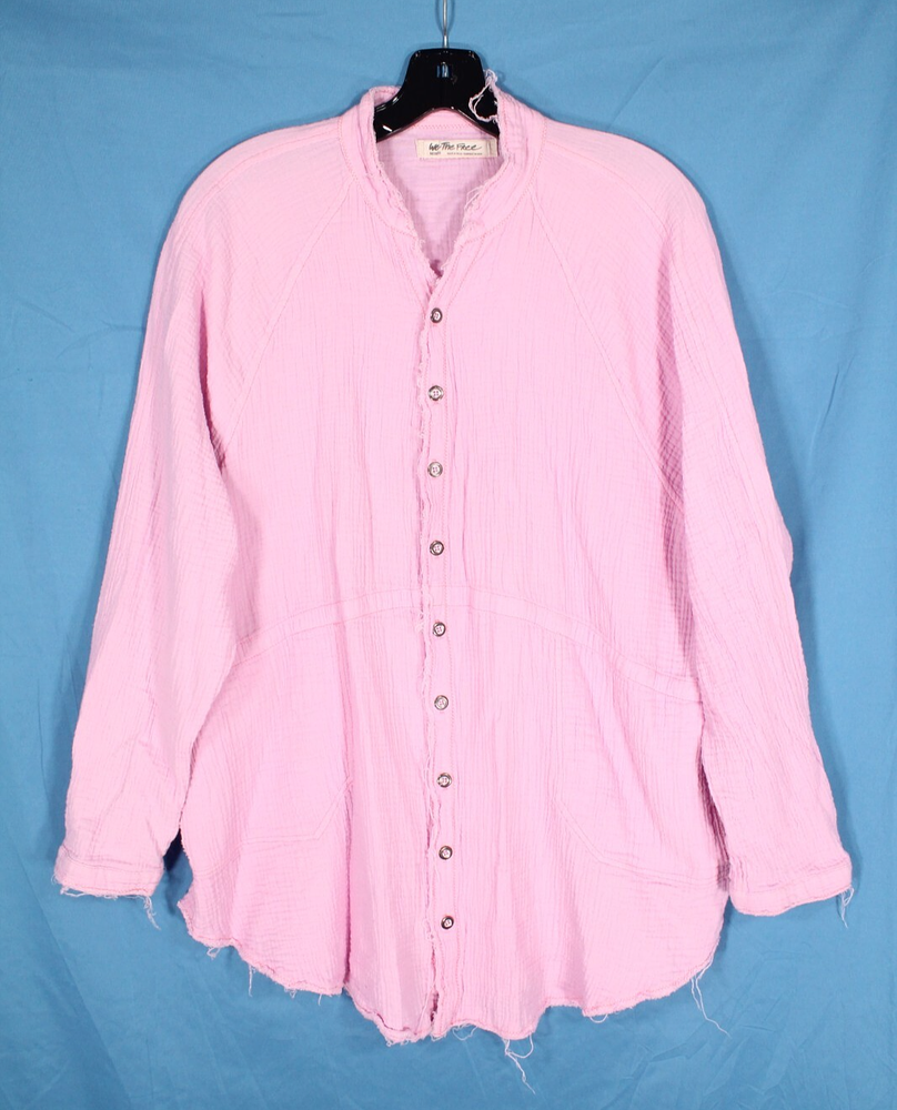 WE THE FREE Pink GAUZE Button-Up RAW TRIM Pockets SUMMER DAYDREAM Shirt/Top Sz M