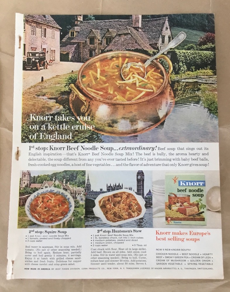 Knorr soups print ad 1963 orig vintage 1960s retro food art beef noodle England