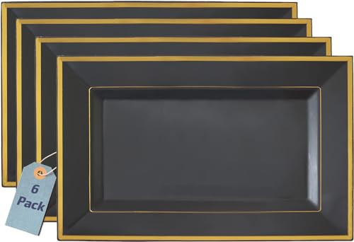 Hard Plastic Serving Tray Set, Black & Gold Rim Disposable Trays & Platters