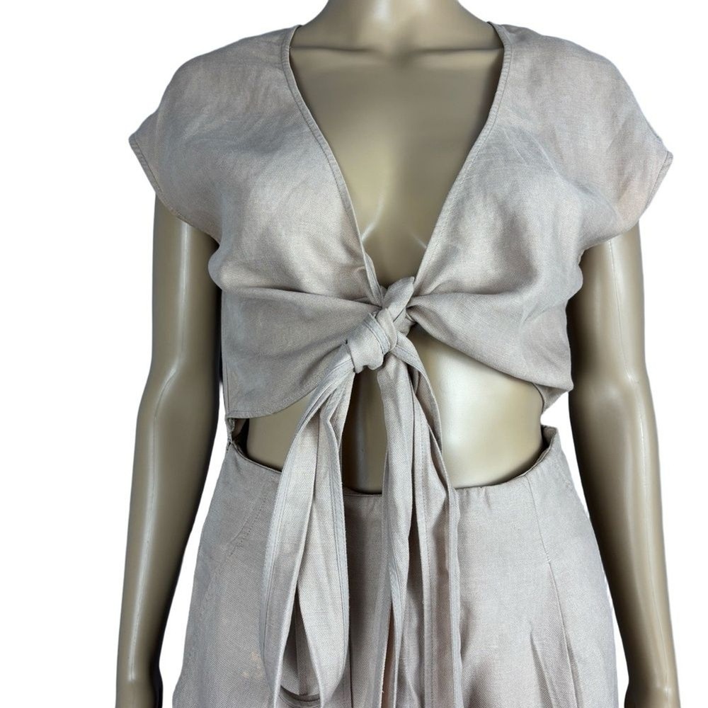 Wilfred Aritzia Women’s Linen Tie Front Crop Top Wide Leg Pants Set Beige Size 2