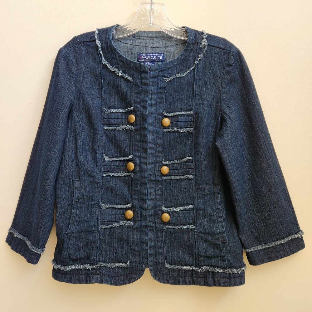 Baccini Dark Wash Military Denim 3/4 Sleeve Jean Jacket Medium Womens Buttons
