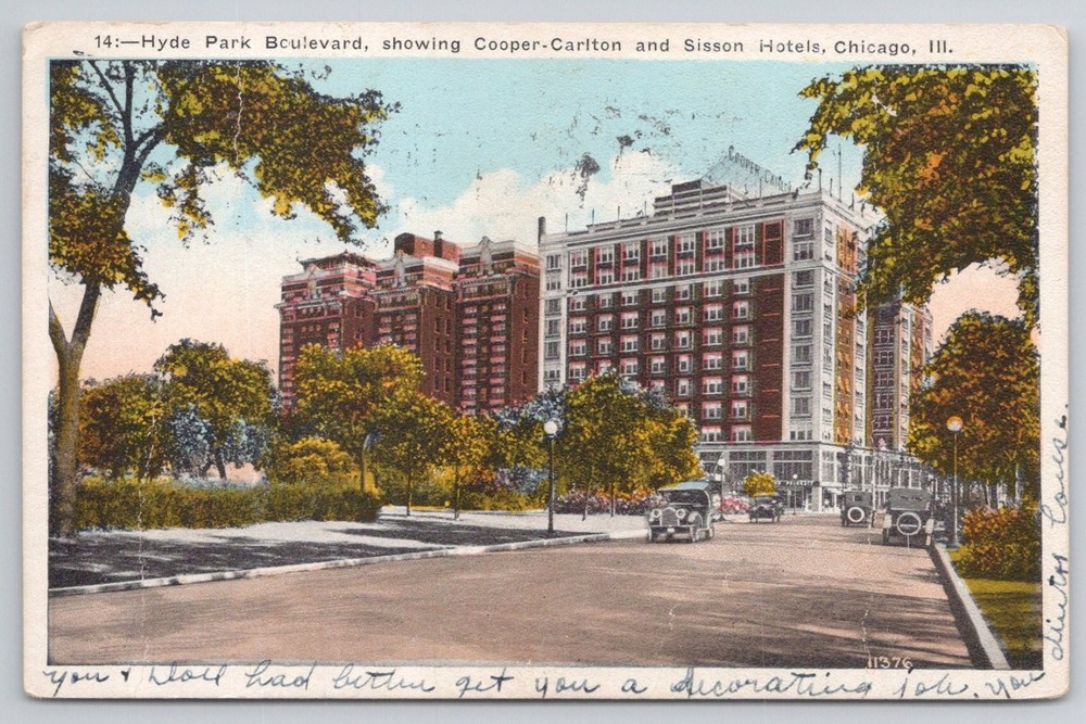 1926 Chicago Hyde Park Blvd Cooper-Carlton Sisson Hotels Vintage Postcard