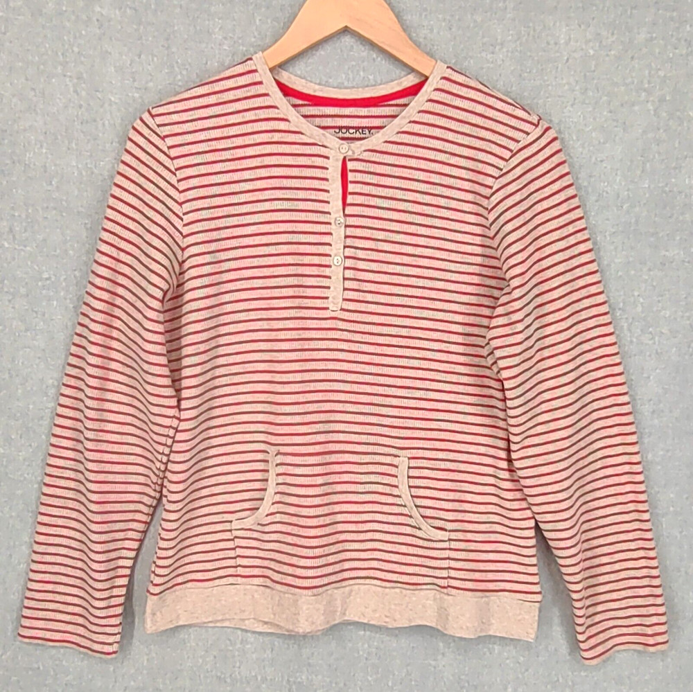 Jockey Sweater Women Large Red Striped Henley Thermal Waffle Knit Pocket