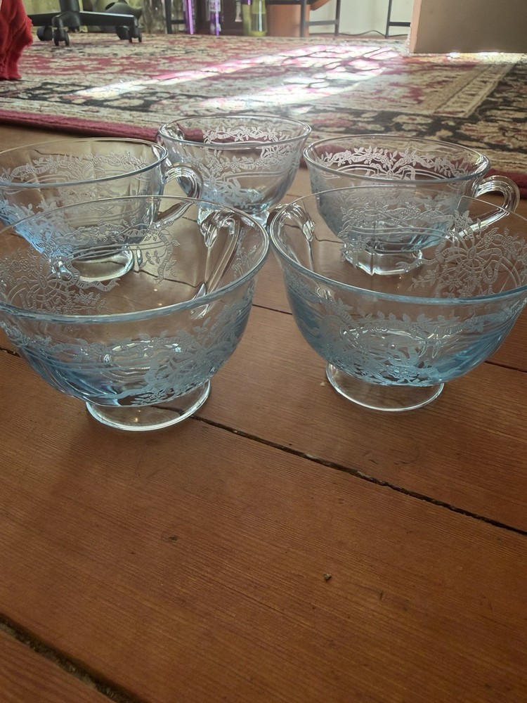 Set of 5 Vintage Etched Glass Cups Blue Tint Floral Scroll