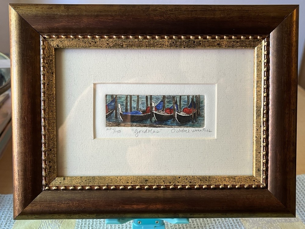 Original Framed Miniature Hand Colored Etching Titled “Gondolas”