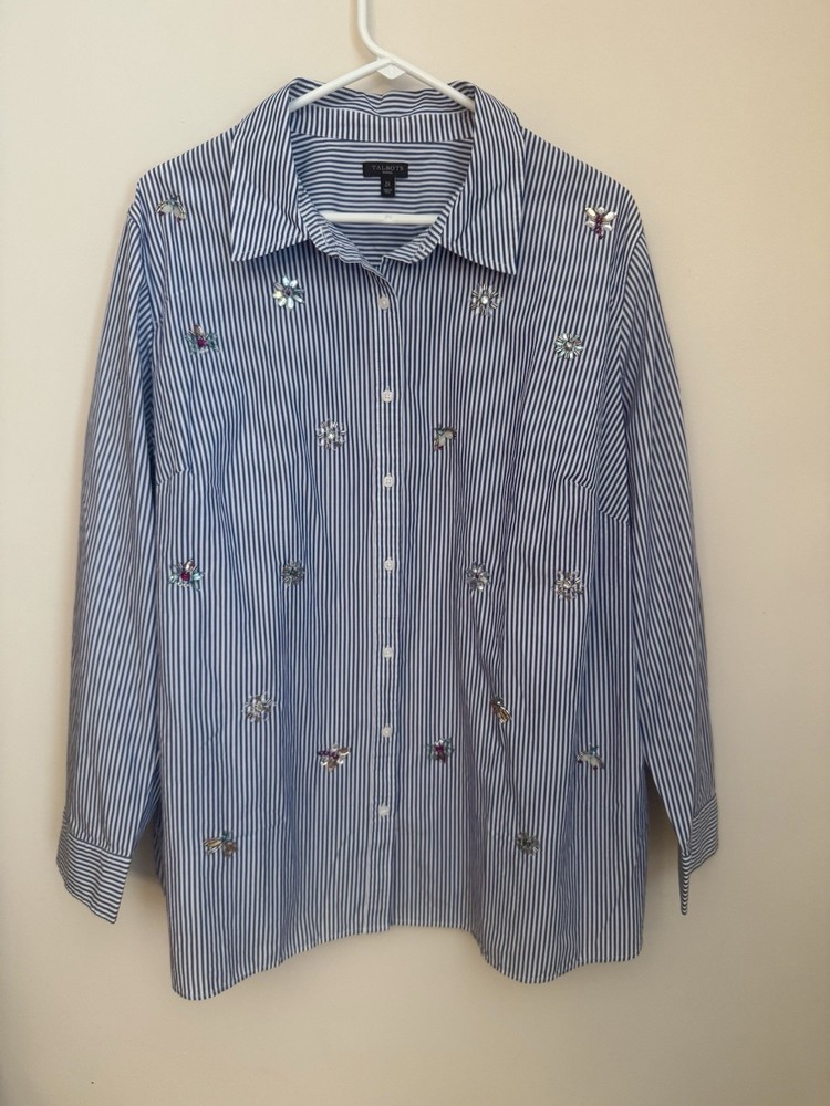 Talbots Blue & White Striped Button Down Shirt Women’s Size 2X Jewel Embellished
