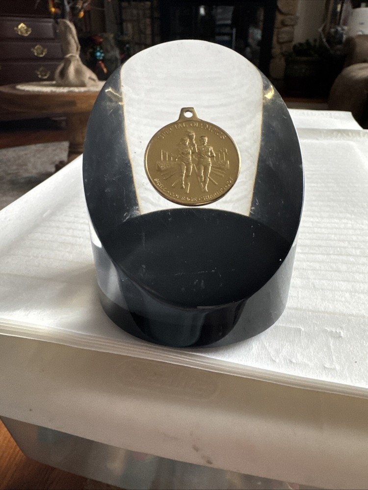 Vintage Clear Lucite Paperweight with Special Olympics Coin Medallion 4-1/2”x3”