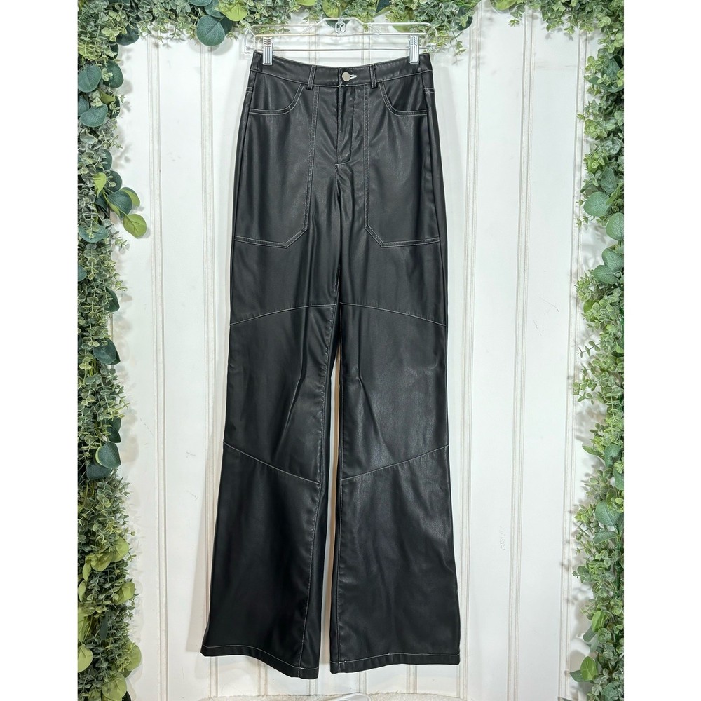 PrettyLittleThing Faux Leather Pants women size 2 Wide Leg High Rise Rave Club