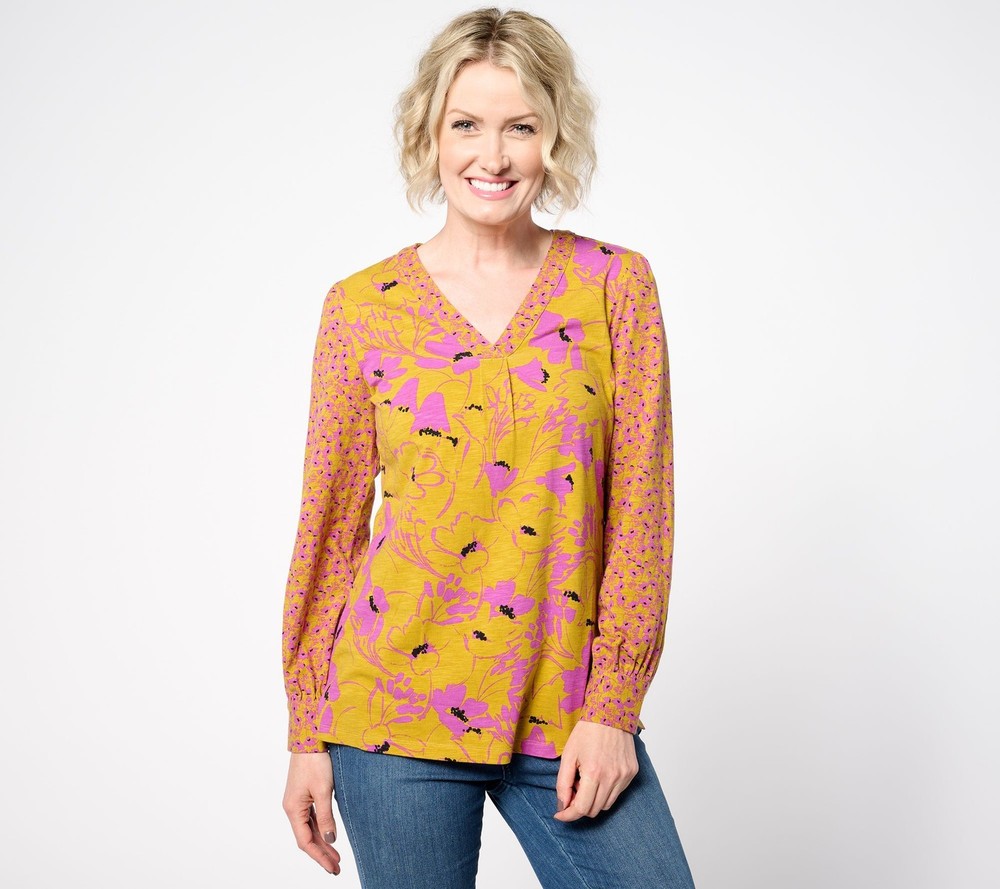 Belle by Kim Gravel Women's Top Sz L Slub Knit Twin Floral Blouson Yellow