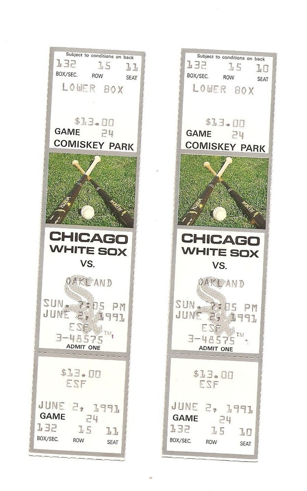 Chicago White Sox vs Oakland A's unused Baseball Tickets from 6/2/1991