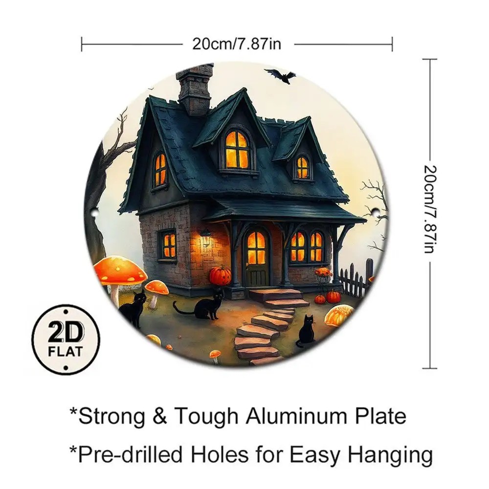 Vintage Halloween Spooky Cottage Black Cats Metal Wall Sign