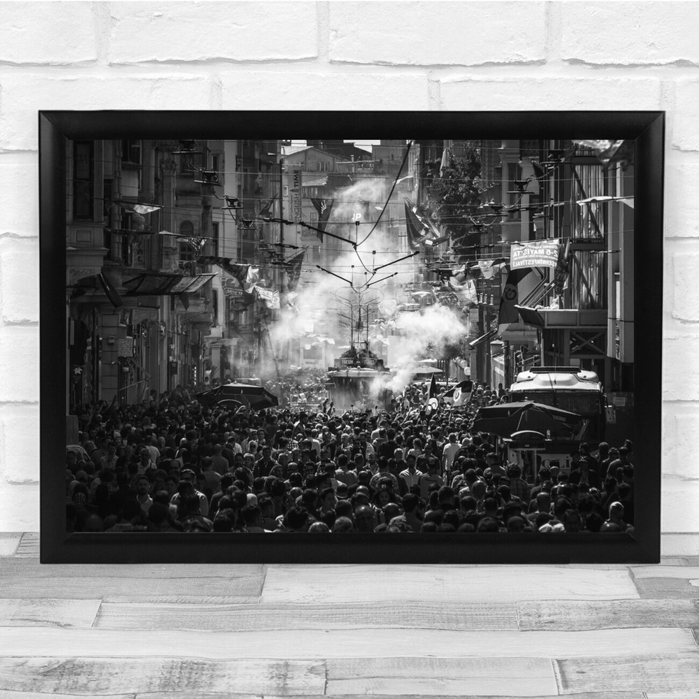 Street tram line Black & White busy crowded street Wall Art Print