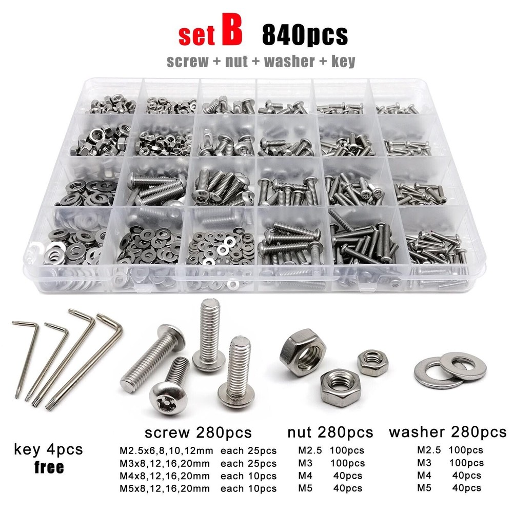 270/840pc SS304 Torx Button Head with Column Pin Security Screw Bolt Key Set Kit