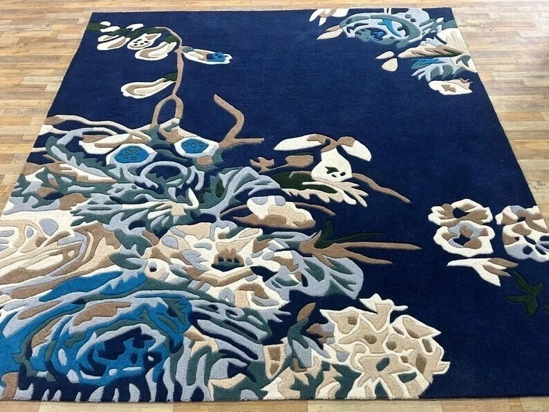 Navy Blue Floral Wool Rug 8x10 – Hand-Tufted Multicolor Botanical Area Carpet