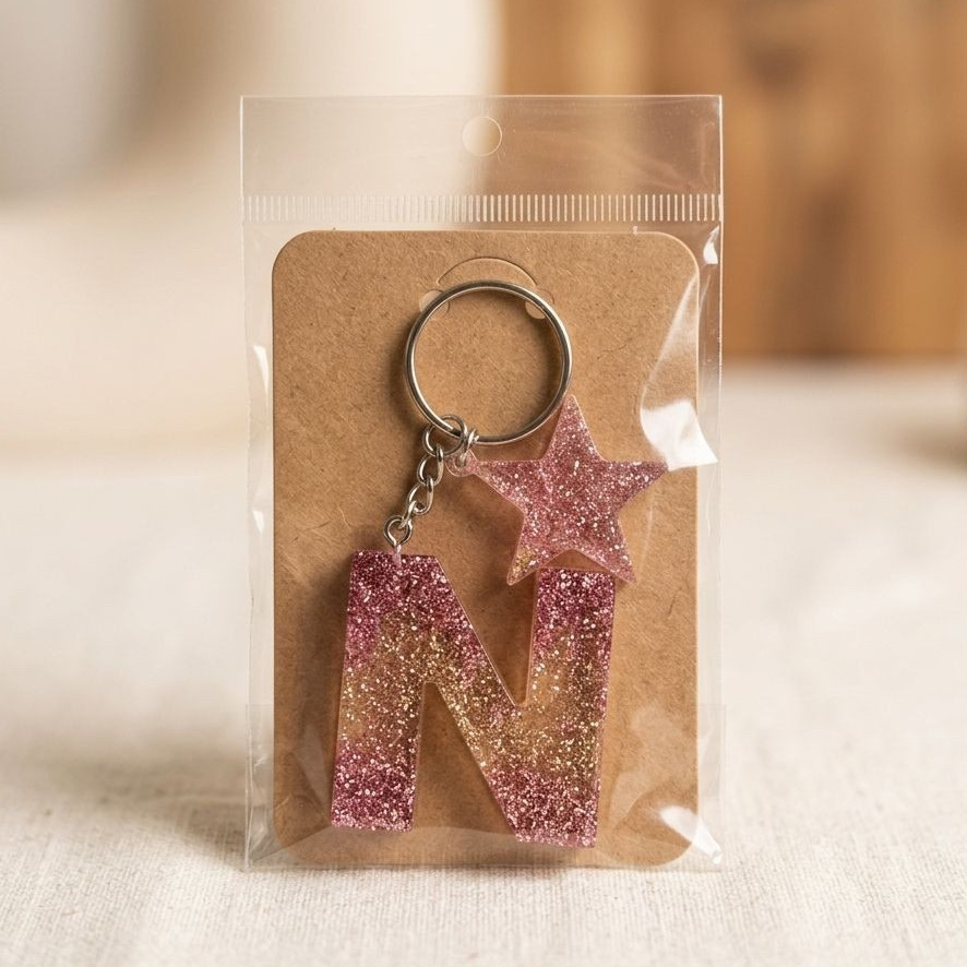 Acrylic Glitter Initial Letter Keychain w/ Tassel Charm, Detachable Keyring Pink