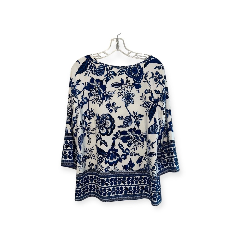 Emery Rose Shirt Womens Blue & White Floral Boho Tunic Top 3/4 Sleeve Pullover M