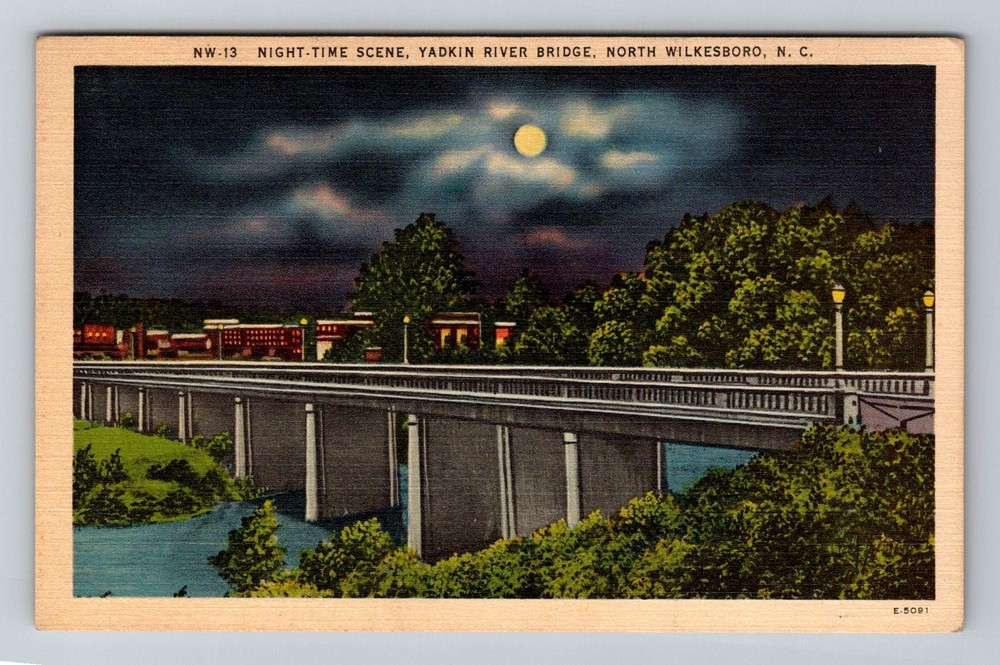 North Wilkesboro, NC-North Carolina, Yadkin River Bridge Night Vintage Postcard