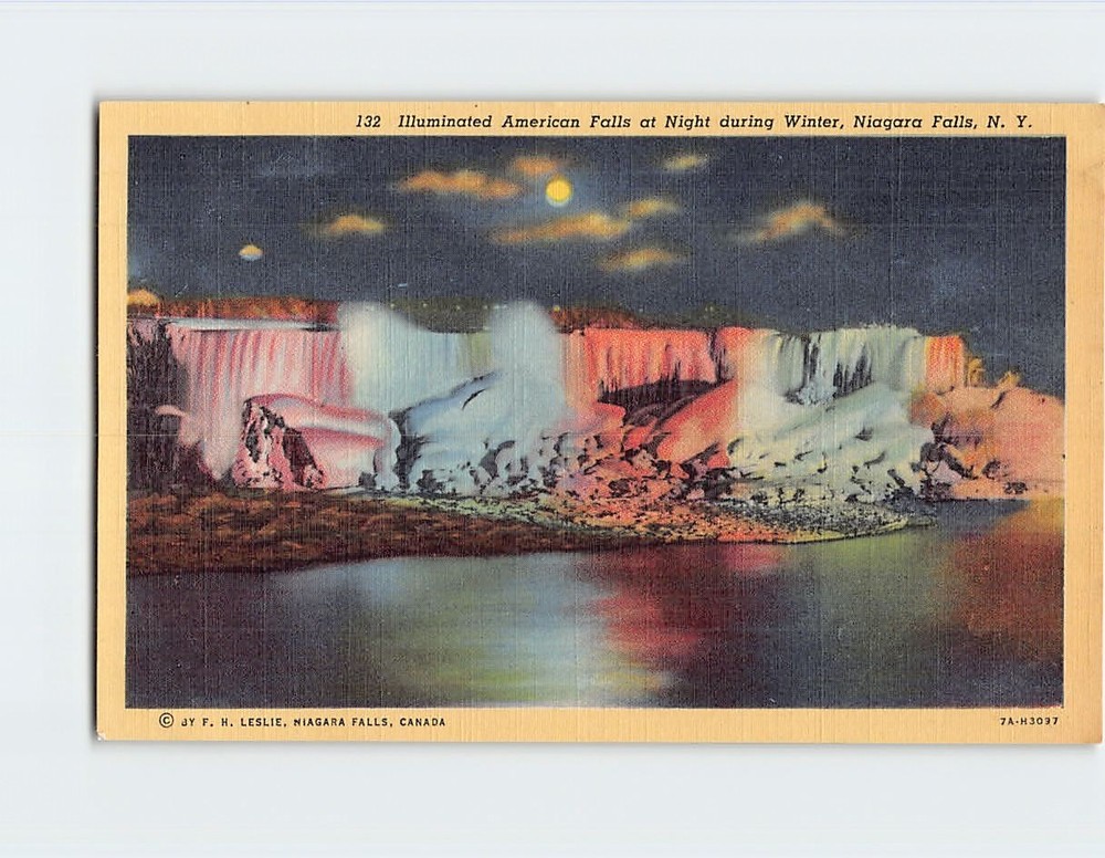 Postcard Illuminated American Falls at Night during Winter Niagara Falls USA