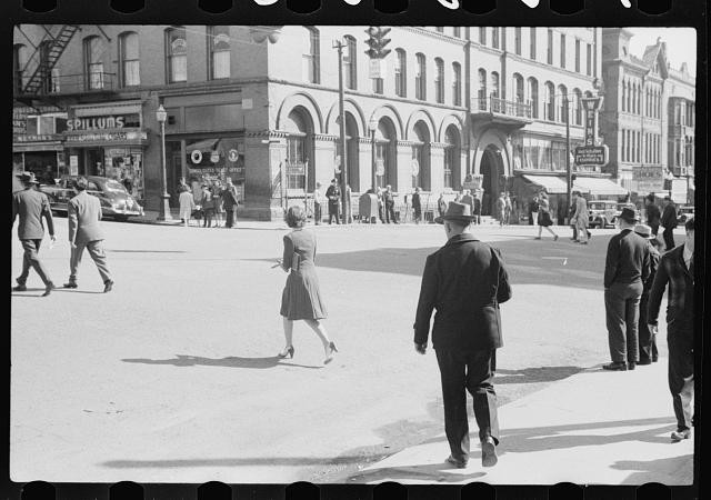 Photo:City Street Scene 1930s Pedestrians Storefronts Downtown Crosswalk