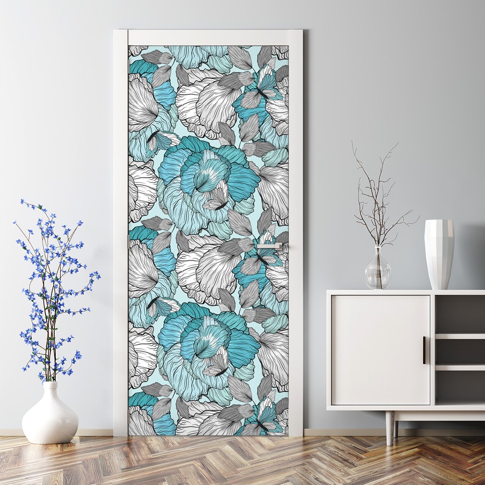 Floral Bubble Free Door sticker blue and grey Decal Home Decor wall art