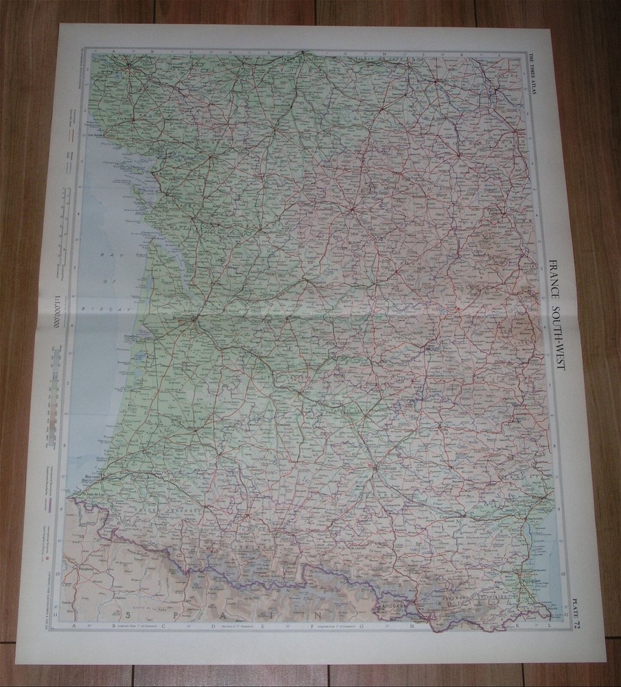 1955 Vintage Map Of Southwestern France Bordeaux Bearn / Scale 1:1,000,000